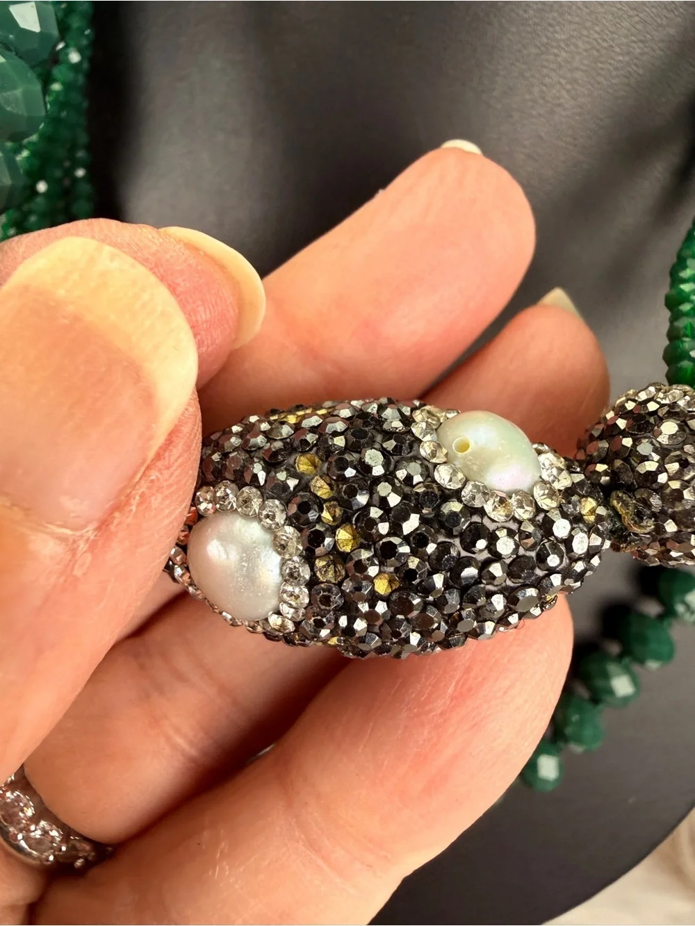 Emerald Green Multi Strand Faceted Bead Ornate Slip On Statement Necklace